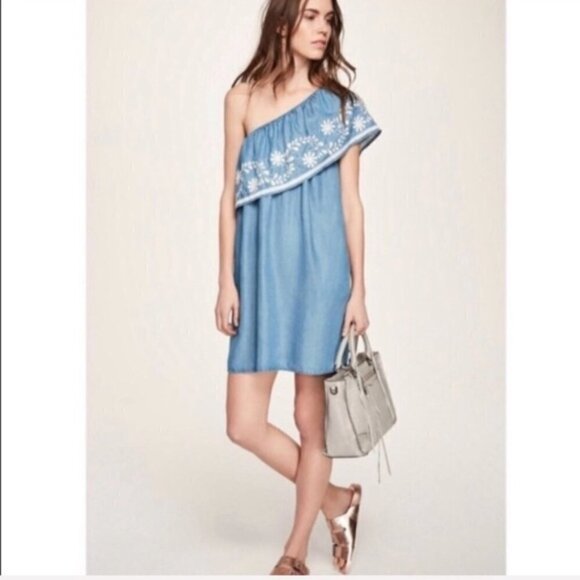 Rebecca Minkoff Rita Embroidered Chambray One Shoulder Shift Mini Dress Size XS - Picture 3 of 17